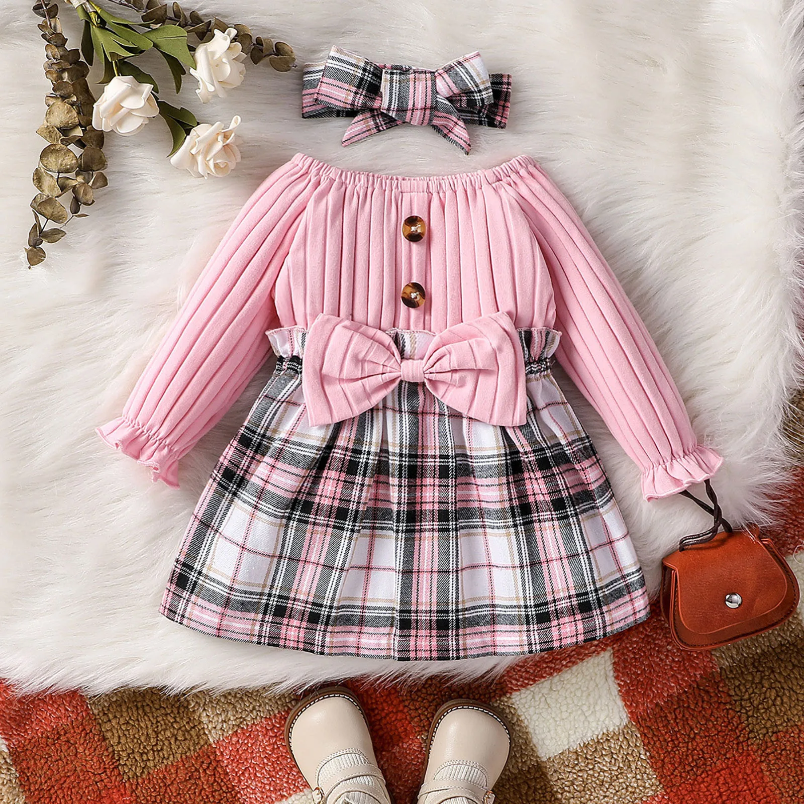 

Baby Plaid Dress 3 6 12 24M Infant Baby Girl Long Sleeve Ribbed Dress Fall Winter Clothes New Bron Girls Bow Princess Dresses