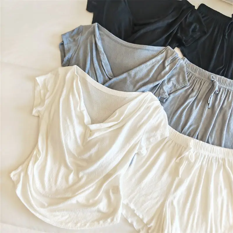 Korean Solid Color V-neck Short Sleeved Sleepwear for Women Summer New Fashion Casual Shorts Two-piece Set for Outdoor Home Wear