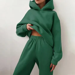 Women Tracksuit Set Solid Long Sleeve Sport Suits Autumn Winter Warm Hooded Sweatshirts And Jogger Pants  Two Piece Set