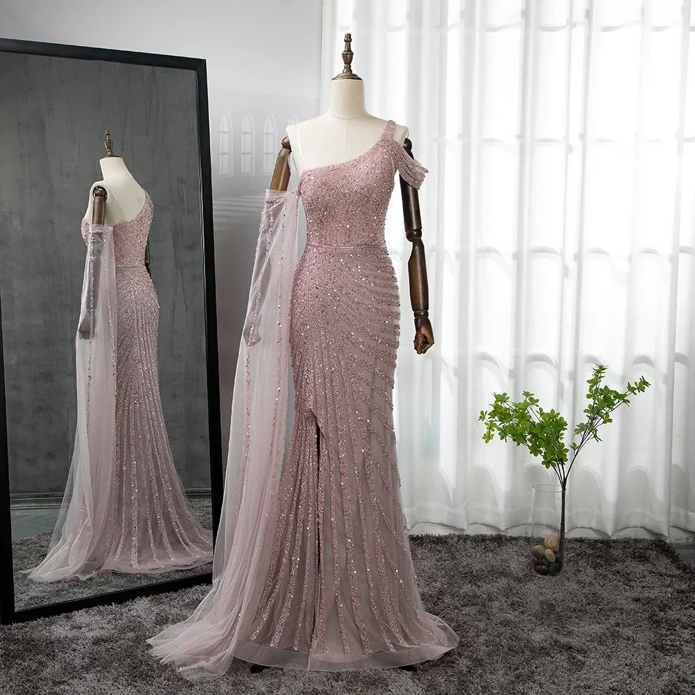 فساتين سهرة فاخرة بكتف واحد على شكل حورية البحر مطرزة بأكمام كيب فساتين أنيقة للنساء للحفلات حسب الطلب