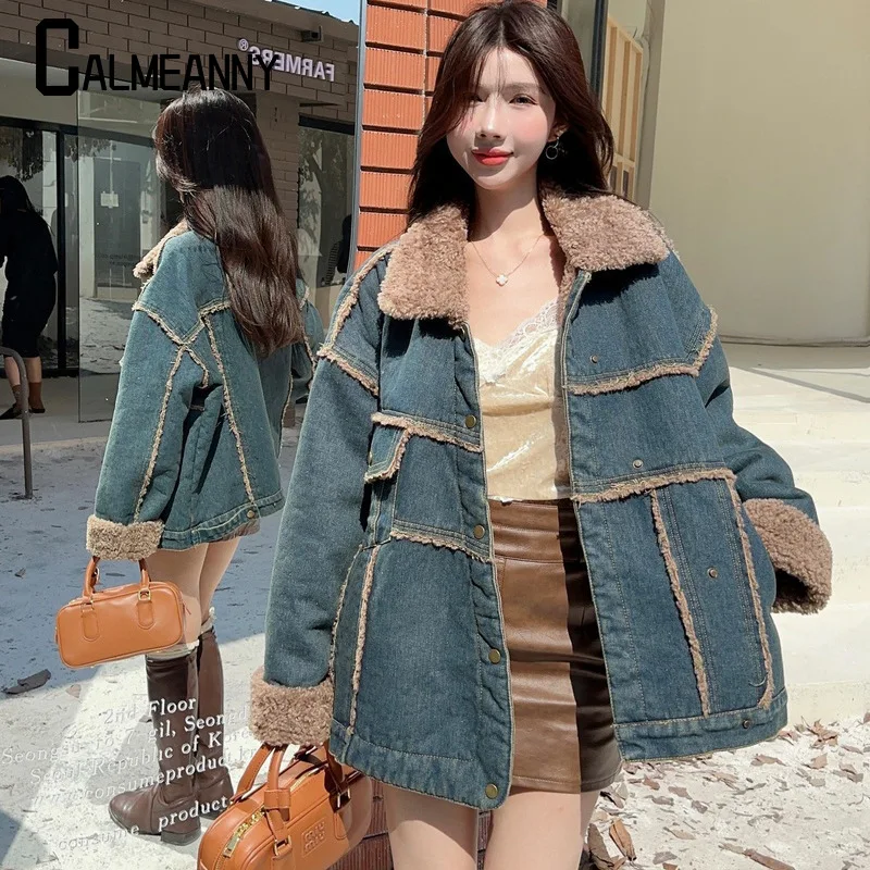 Women Denim Jacket New Style 2024 Autumn Winter Velvet Comfortable Outerwear Splicing Elegant Loose Female Cowboy Coat