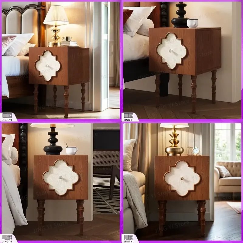 Luxury Antique Ash Wood Bedside Table Four Leaf Clover Design Bedroom Sofa Side Cabinet Modern Minimalist Nightstand Storage