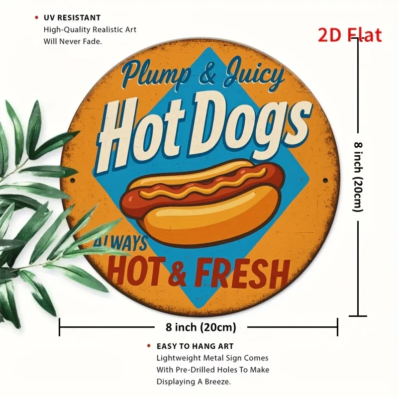 2D Flat, 1pc 8x8 Inch Round Aluminum Wall Art Sign - Vintage Retro Hot Dog Decor with 