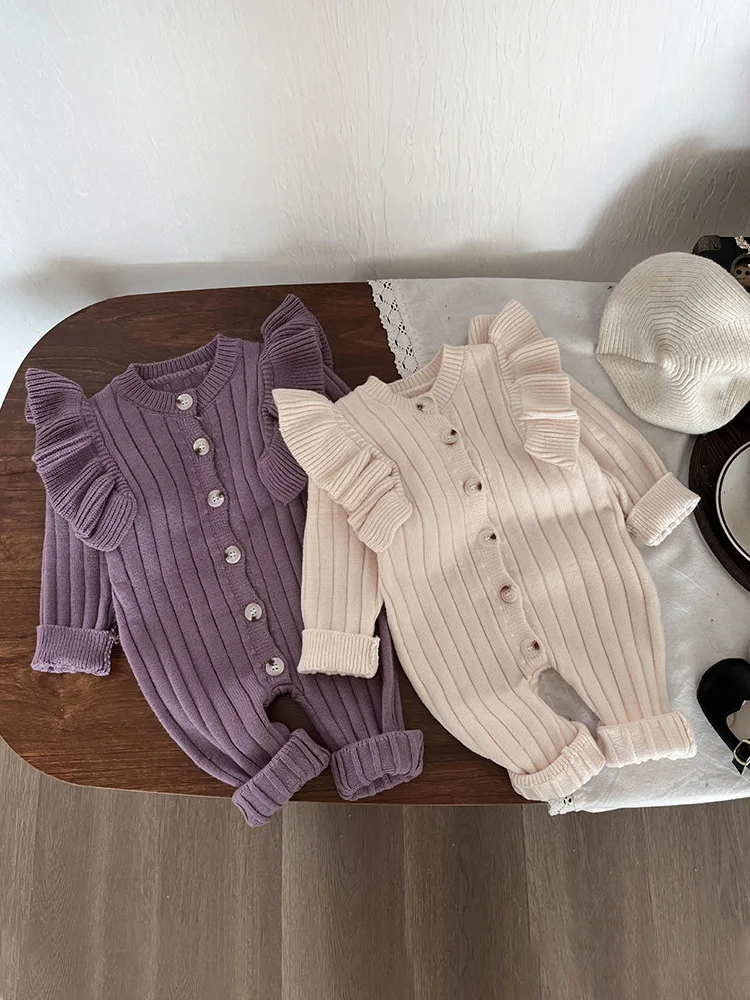

Newborn Baby Romper Long Sleeved Ruffles Knitted Sweater Jumpsuit Autumn Winter Soft Single Breasted Baby Romper Infant Clothes