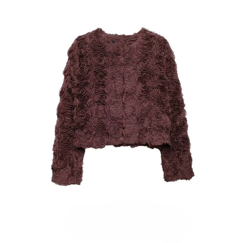 

Elegant 3D Flower Coats Women Fashion Solid Color Long Sleeve Jackets 2025 Autumn New Lady Round Neck Short Styles Outerwears