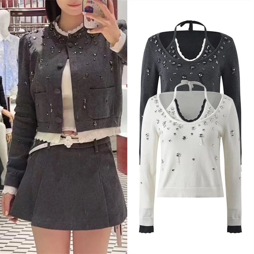 

ay Design Sensation Two-Piece Knitted Sweater French-sle Pearl Decoration Casual ort Top Age-defng Outerwear