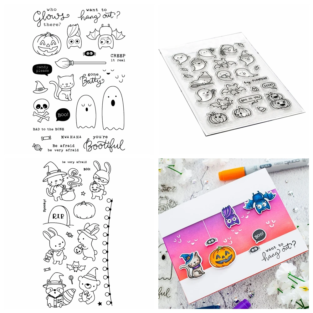 Halloween Katze Kaninchen Bär Fledermaus wünscht klare Stempel Geist Kürbis Umriss Schneidwerk zeuge für DIY Scrap booking Papier karten Handwerk