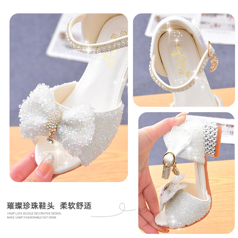 Children\'s Sandals Summer Princess Crystal Shoes 2023 New Girls High Heels Fashion Sequins Girls Soft Bottom Performance Shoes