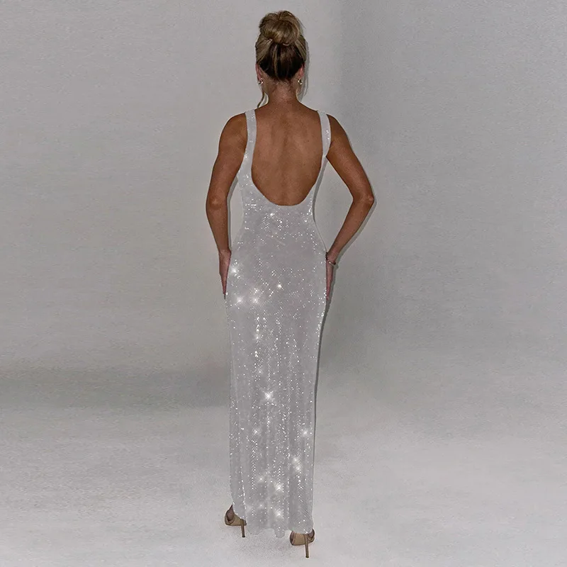 Diamentowa Damska Sukienka Bez Pleców Długa Modna Błyszcząca Seksowna Obcisła Sukienka Koktajlowa na Imprezę Elegancka Filmowa Sukienka Slim z Kwadratowym Dekoltem 2