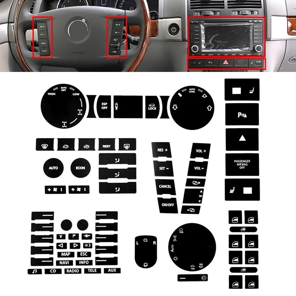 Dla Volkswagen VW Touareg 2004 2009 Kierownica Reflektor Lustro Okno Menu CD Audio AC Przełącznik Przycisk Naprawa Naklejka Naklejka