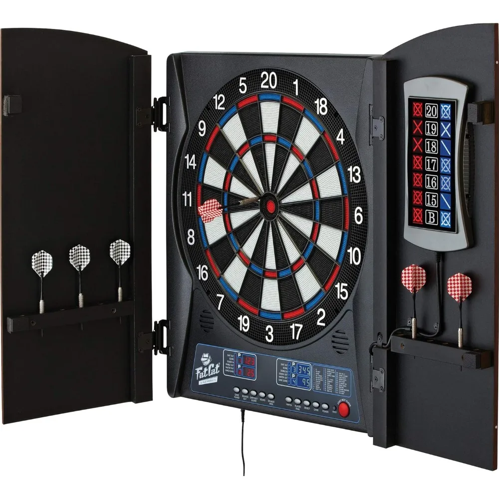 

Mercury Electronic Dartboard, Built In Cabinet Doors With Integrated Scoreboard, Dart Storage For 6 Darts, Dual Display In Two