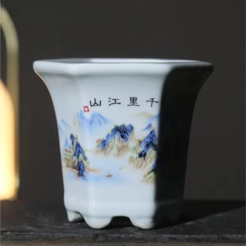 Maceta Hexagonal de cerámica suculenta para bonsái, maceta creativa de paisaje chino, pintura china, decoración del hogar, LF277