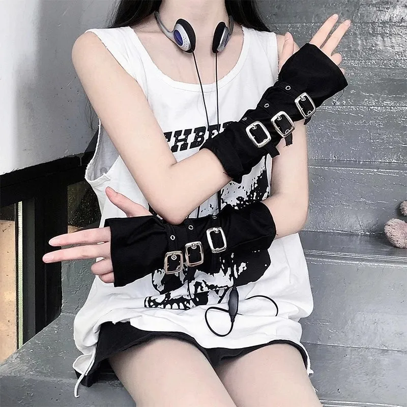 ❤️ Goth Black Metal Buckle Fingerless Long Gloves Punk Hole Half-finger Y2K Oversleeve Arm Warmer Beggar Lolita Cosplay Sleeve