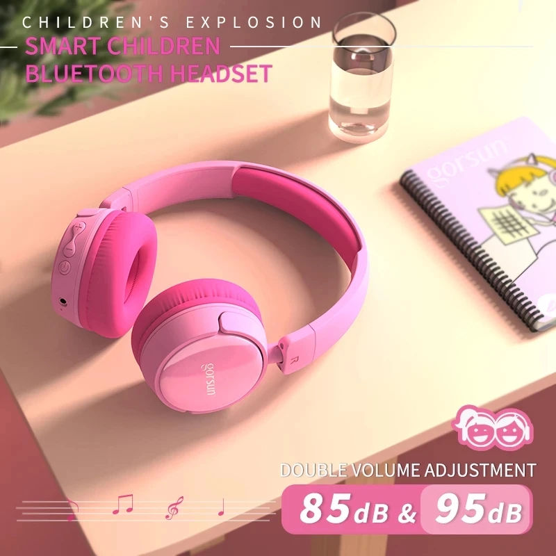 Gorsun-auriculares inalámbricos con cable para niños y niñas, audífonos plegables con Bluetooth, ajustador de volumen, Material de grado alimenticio, color rosa y azul