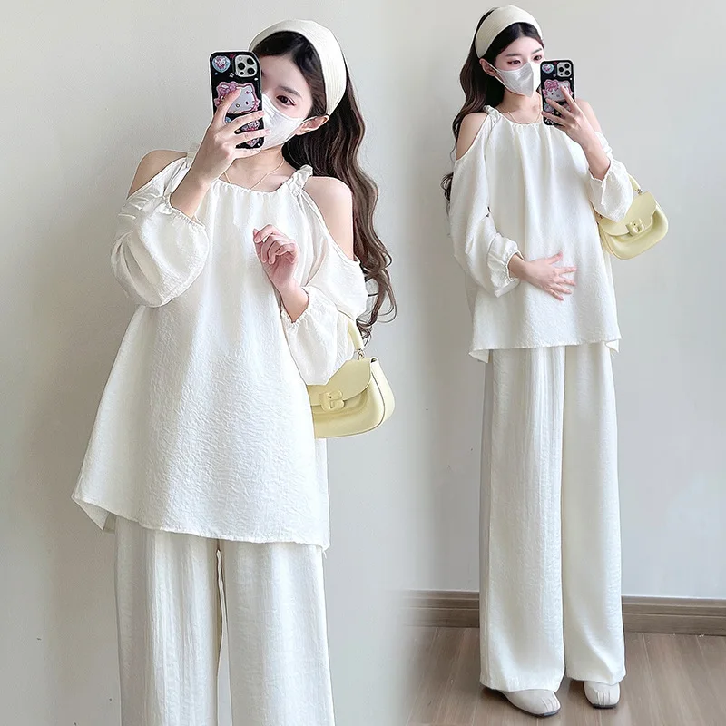 Traje de maternidad 2025, otoño, estilo francés, elegante, minimalista, perezoso, cuello redondo, Top con hombros descubiertos y pantalones de pierna ancha, conjunto de dos piezas