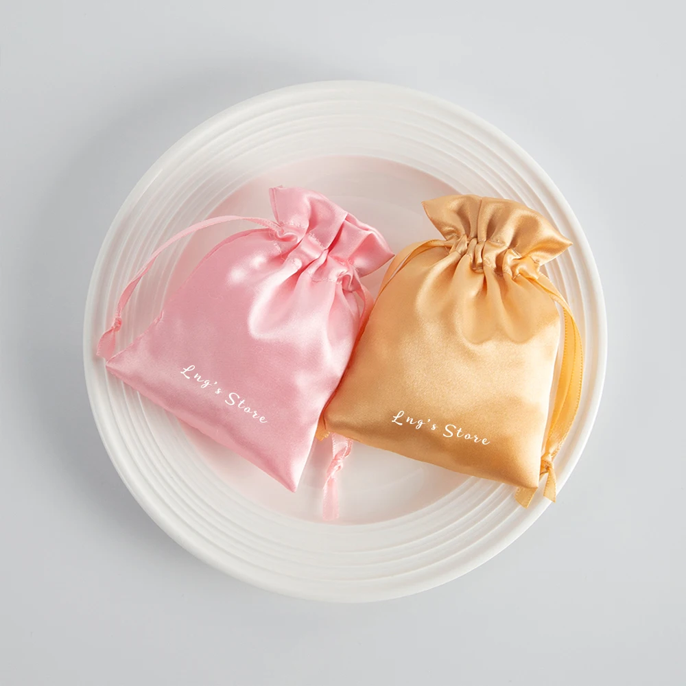 

100Pcs Chic Personalized Logo Packaging Satin Silk Pouch for Wedding Favor Gift Bags Candy Bag Jewelry Rings Drawstring Rope Bag
