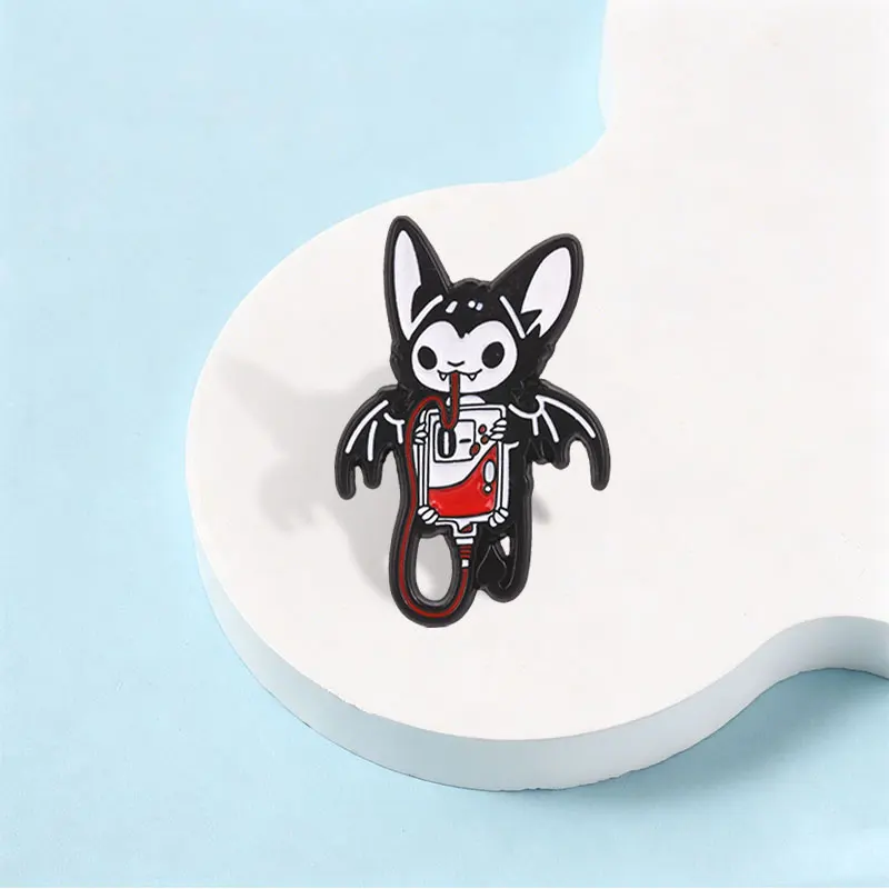 Horror Gothic Bat Drinking Blood Bag Badge Enamel Pin Punk Vampire Bat Badge for Halloween Backpack Jacket Hat Jewelry Accessory