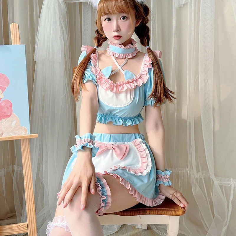 Lolita Anime Princess Cosplay fur s, Cat Ears Ruffle Crop, Y-Bowvétérans t Tablier Skirt, Sweet Candy Girl, Maid fur s, Pink, Blue, Cute, DstressShipping