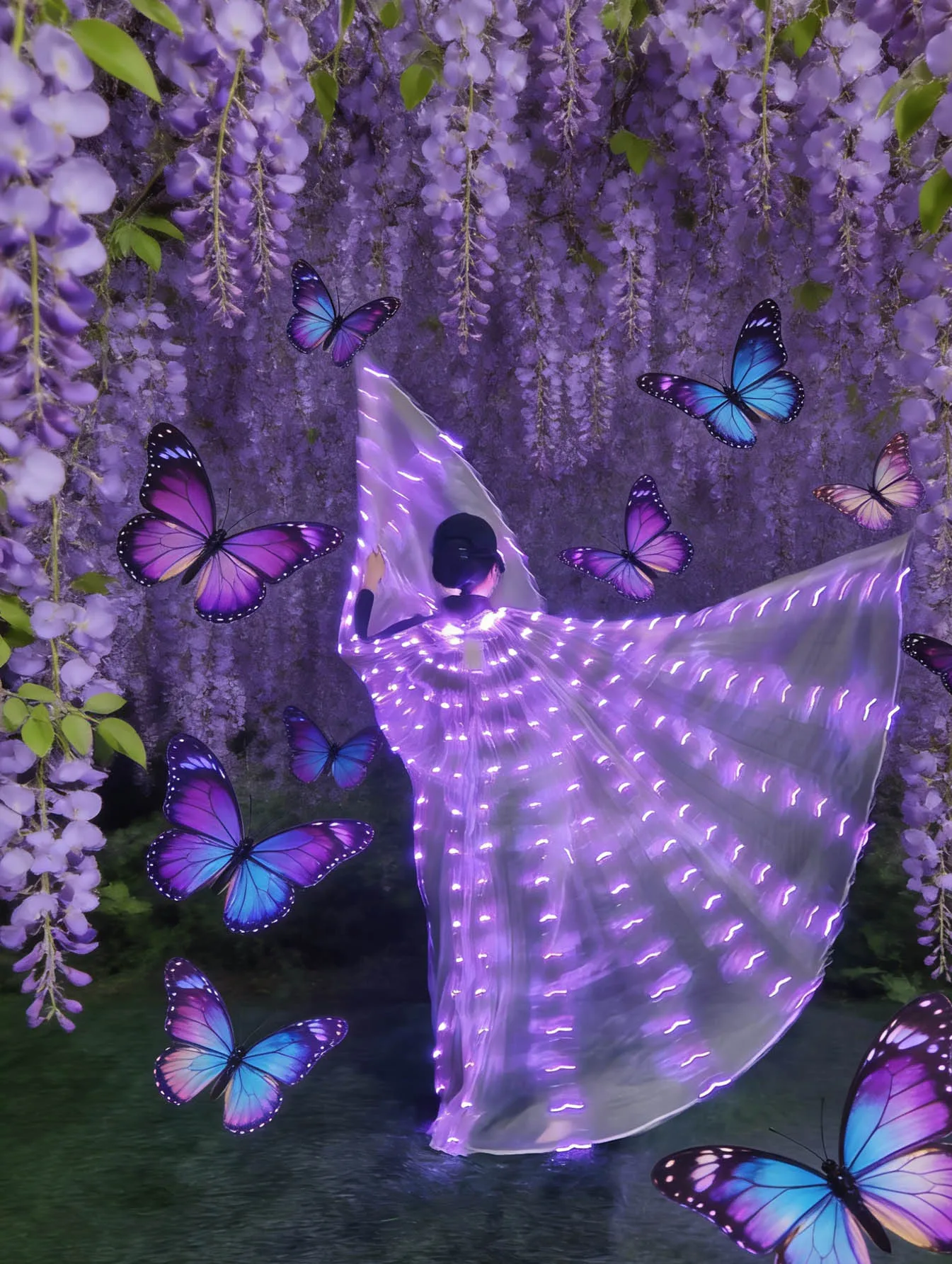 

Фиолетовые светящиеся крылья, как ясень, раскладывающиеся лепестки в одном время перед листьями ветра, это платье ночного неба имеет сшитые.