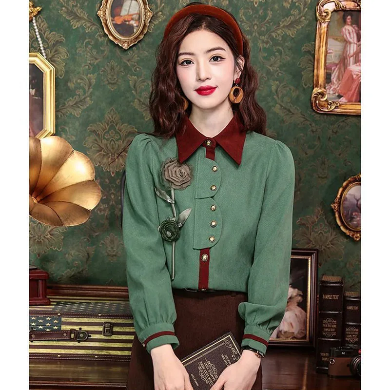 2024 New Chinese Style Shirt Women\'s Long Sleeve Retro Hong Kong Style Embroidered Blouse Color Matching Shirts Blouse Ladies