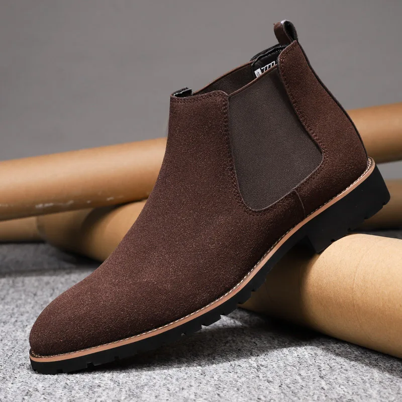 Autumn and Winter Classcis Men Chelsea Boots Black and Brown Suede Casual Slip on Short Boots Vintage Leather Cowboy Ankle Boots