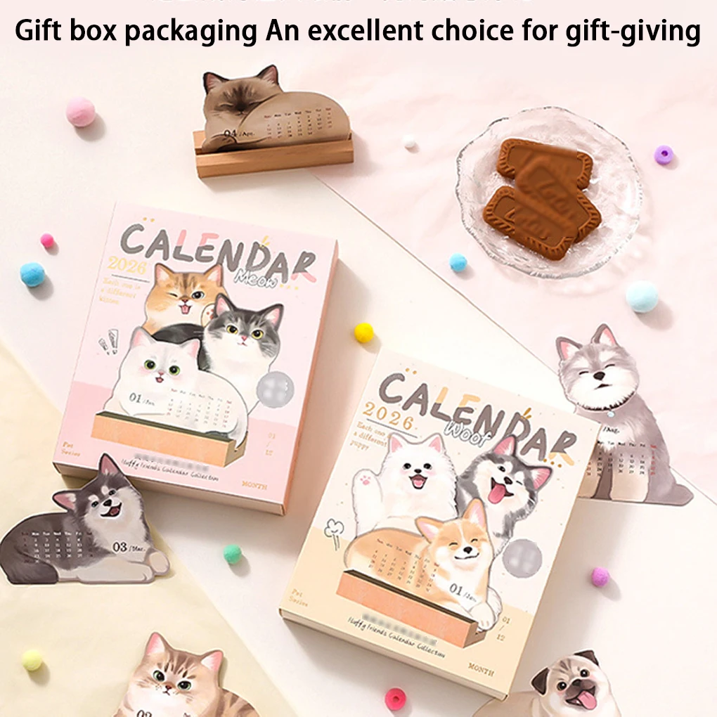Calendrier de l'année 2026 avec la série chat et chien mignon, Structure de Support de Base robuste, calendrier de bureau de la série chat chien mignon