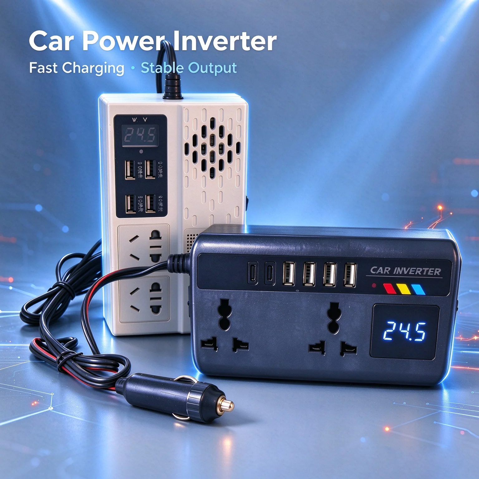 Portable Car Inverter 12V to 110V / 24V to 220V Outlet Adapter with 4 USB Ports Fast Charging Car Charger for Auto Truck SUV RV