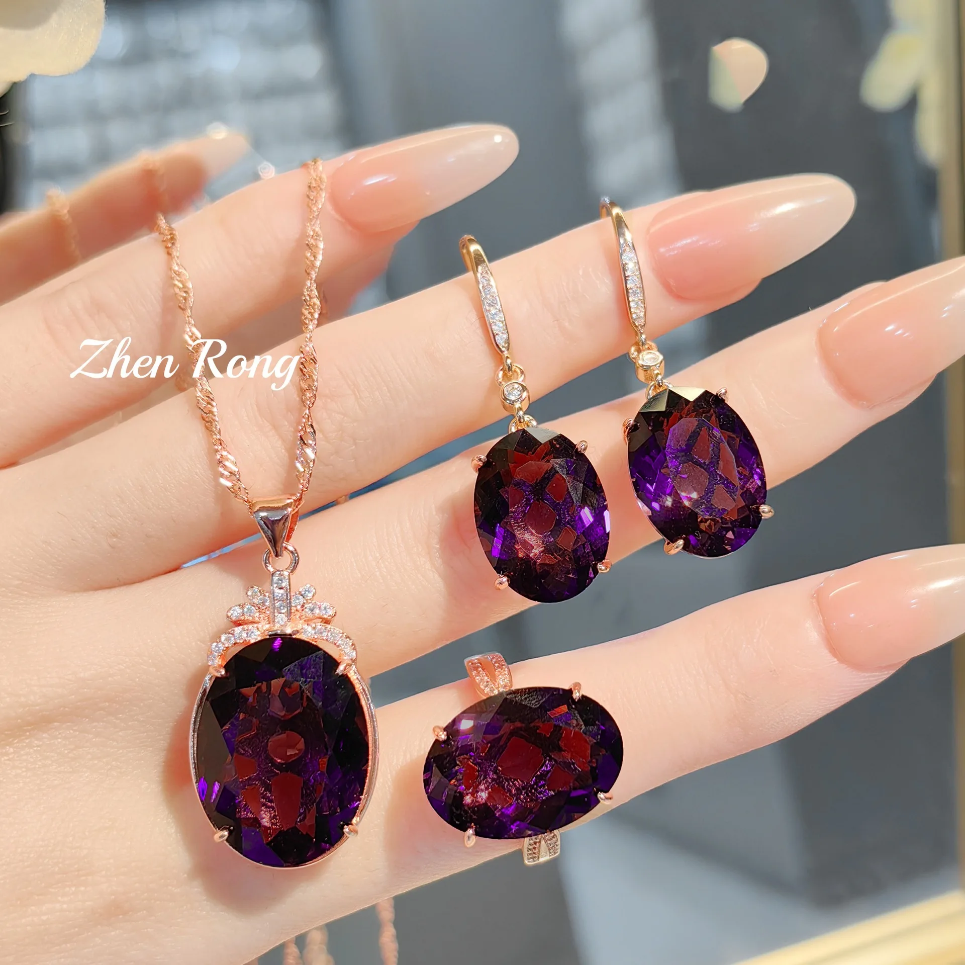 Hot selling super sparkling navy blue necklace, round colorful earrings, violet ring, pink zircon set for women