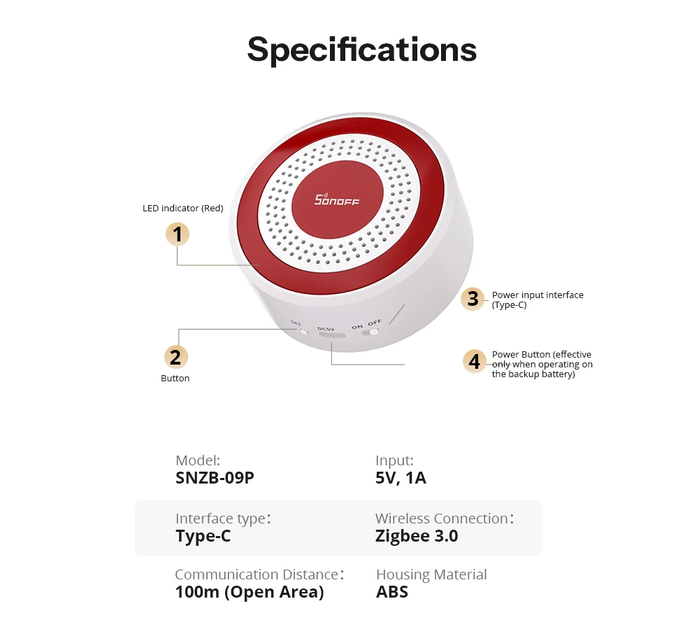 SONOFF SNZB-09P Zigbee SenseGuard Innensirene, lauter Alarm, benutzerdefinierte Alarmtöne, Ton-Licht-Alarm, duale Stromversorgung, Zigbee-Sicherheit – Detail 15