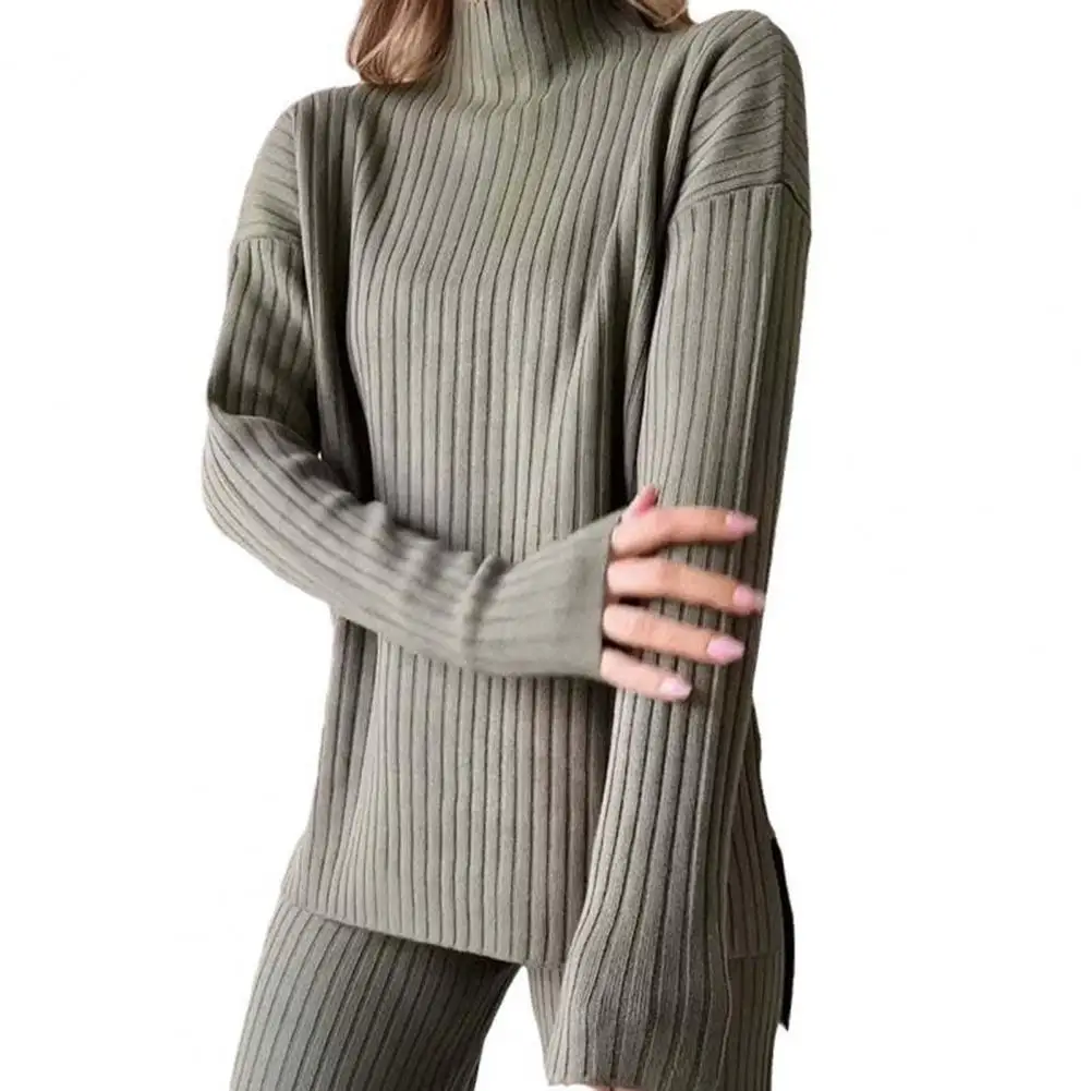 2 Pcs/Set Women Knitted Outfit High Collar Long Sleeves Split Hem Top High Waist Wide Leg Trousers Fall Winter Tracksuit Set