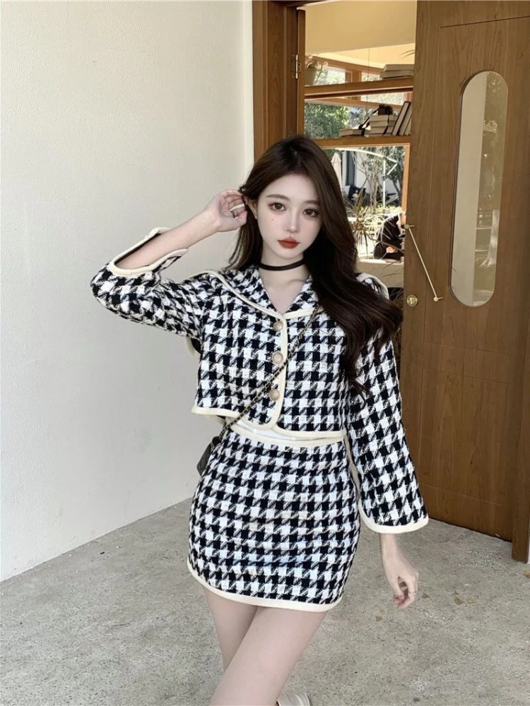 Herbst Frauen Französisch Elegante Zwei Stück Set Patchwork Abnehmen Design Blazer und Rock Set Casual Veranstaltungen Chic Warme Tweed Anzug 2025