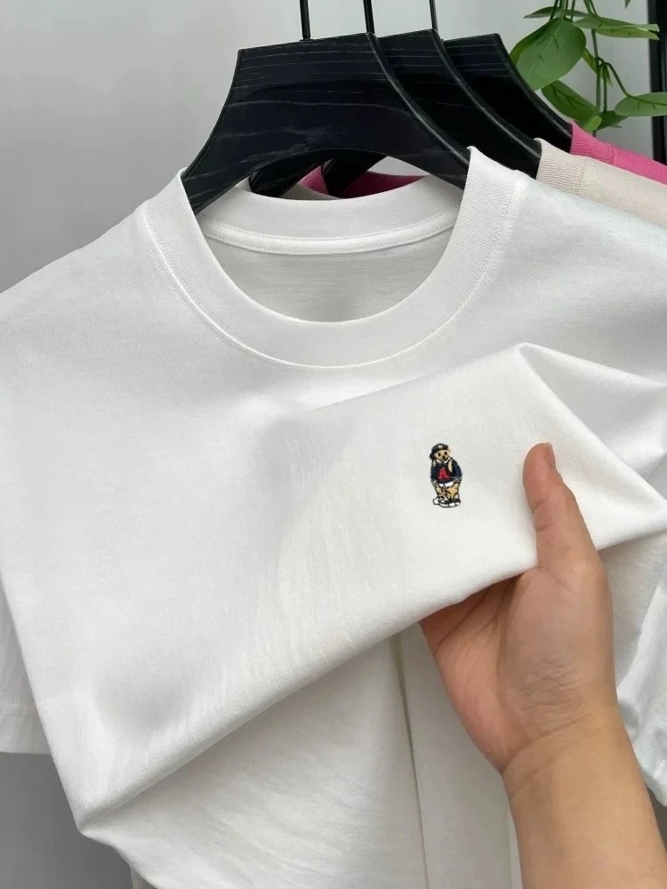 High end  short sleeve men's T-shirt luxury brand cartoon bear print Korean style youth casual round neck new top