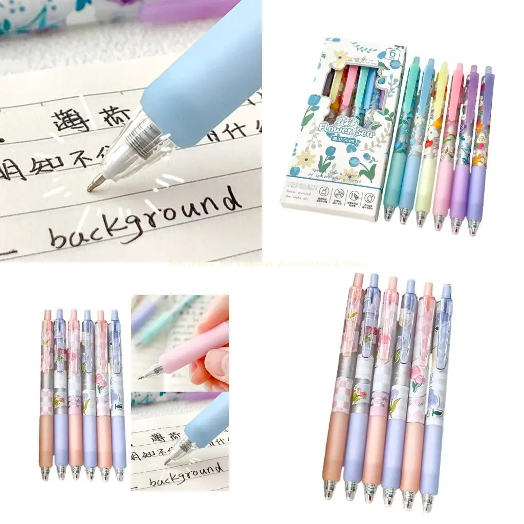 

6 Pcs Retractable Gel Pen Floral Neutral Pen Black Pressing Pen Quick-Drying Writing Pen Journaling Pen for Student
