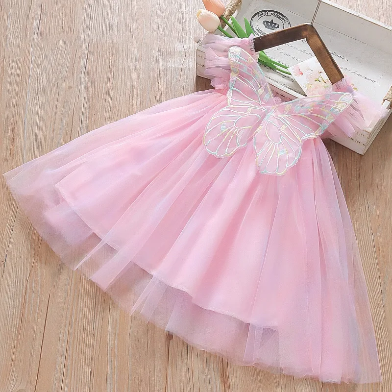 Vestidos casuais para meninas, vestido de gaze arco-íris, saia de malha com asa vertical e halter, roupas infantis, vestido de princesa para meninas