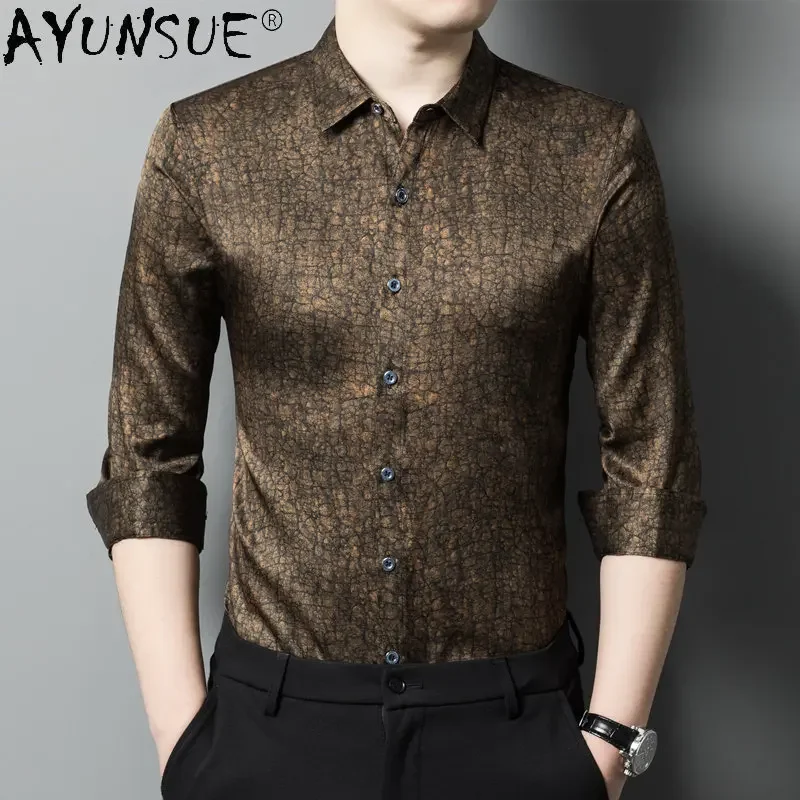 New 92.5% Mulberry Real Silk Shirt for Men Long Sleeve Crack Shirt Men Clothing Silk Satin Shirt Male Loose Casual Tops Blusas