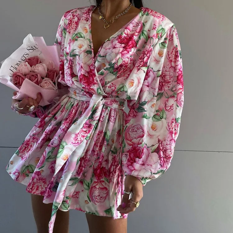 

Autumn 2024 New Print One-Piece Pants Women's High-End Drape V-Ne Belted Waist Long Sve Jumpsuit Polyester Thin High Waist