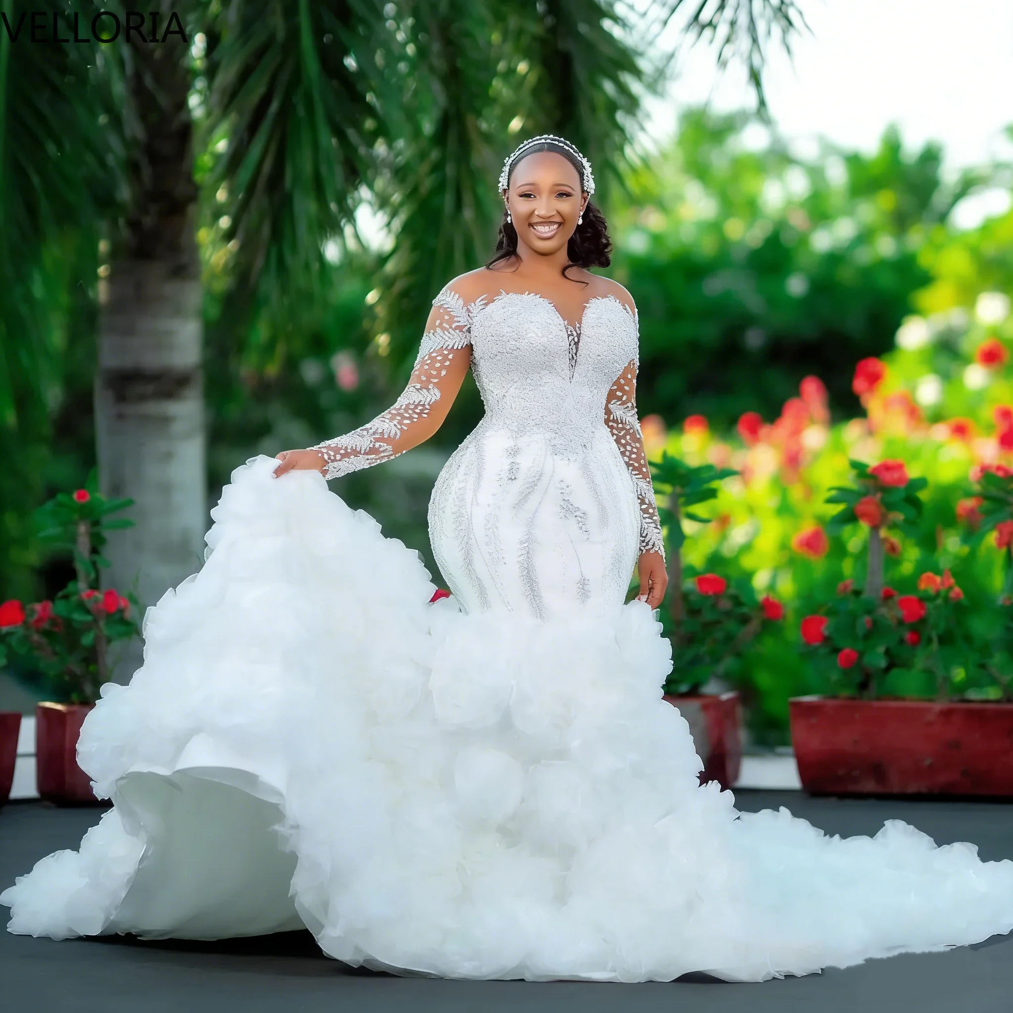 

Luxury Mermaid Wedding Dress Long Sleeved Ruffles Crystal Beaded Bridal Gown for African Women Vestidos De Novia Customized