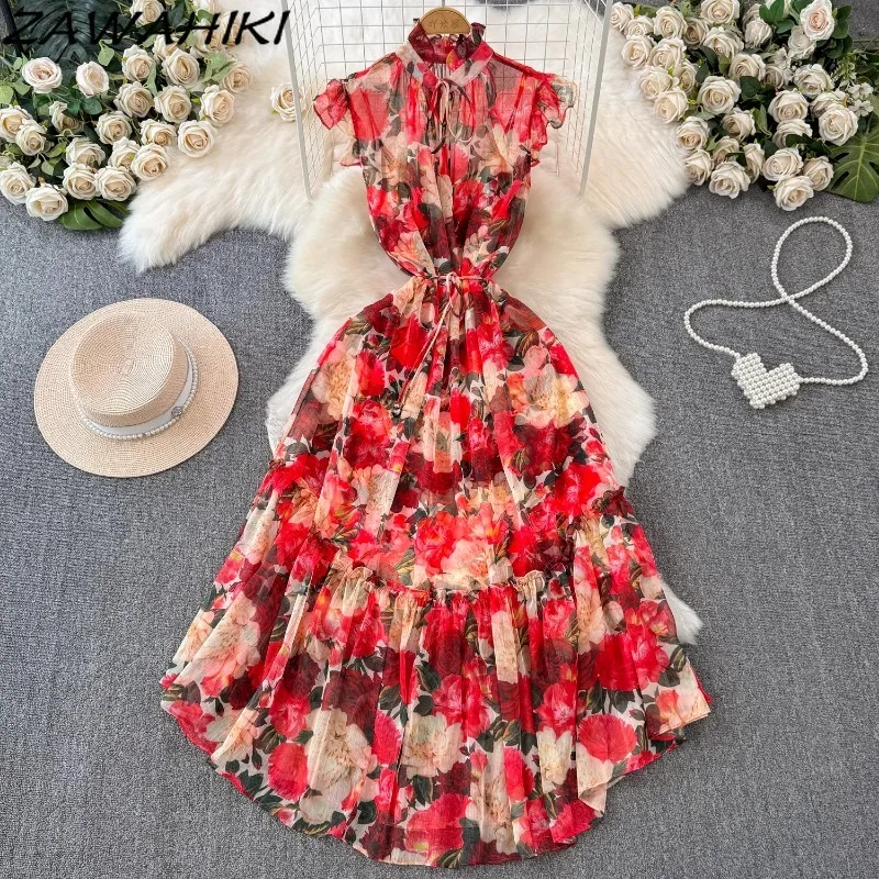 Vintage Women's Dress Temperament Floral Ruffles Vestidos Chiffon Pleated Patchwork Femme Robe Bandage Office Lady Ropa Mujer