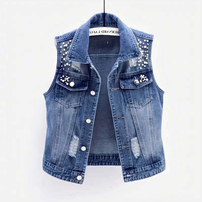 

New Denim Women Vest Luxury Pearls Fashion Ripped Autumn Jeans Jacket Sleeveless Loose Short Coat Causal Waistcoats Cowboy 5XL