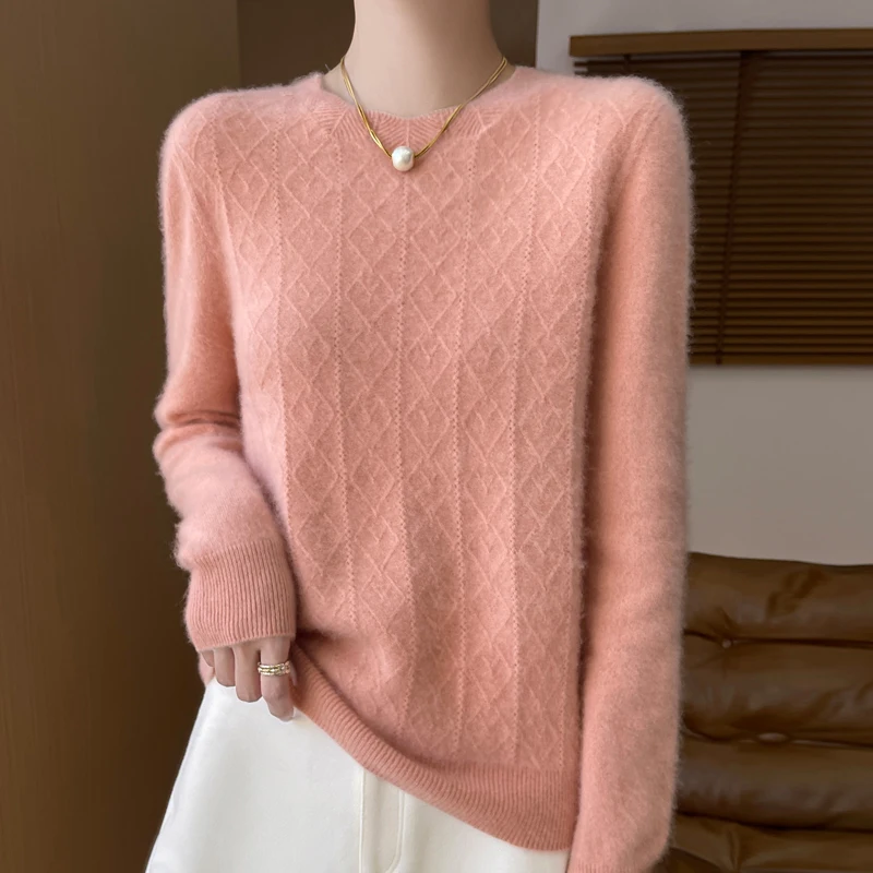 2024 autumn and winter new women\'s 100% merino sweater O-neck thick solid color casual fashion cashmere sweater top.