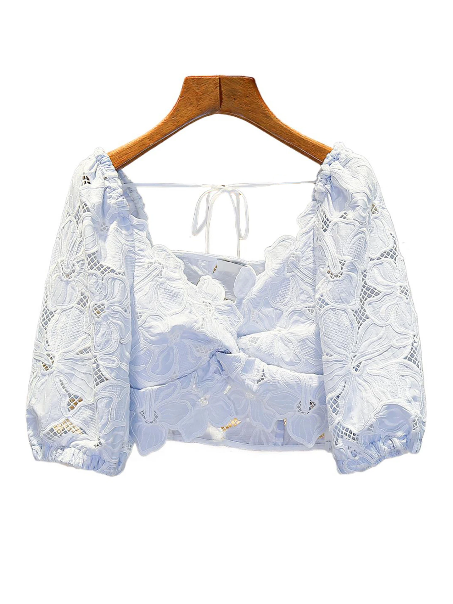 エレガントなレースバブルスリーブシャツ女性のハイウエスト通勤スタイル V ネックショート丈ピュアカラー春夏トップ