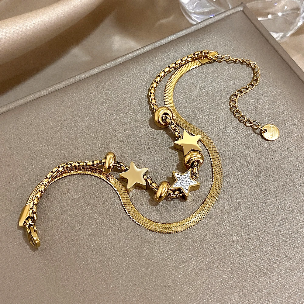 Greatera Women\'s Multiple Bracelet Personality Double-deck Chain Love Pattern Couple Gift Gold Color Stainless Steel Jewelry New