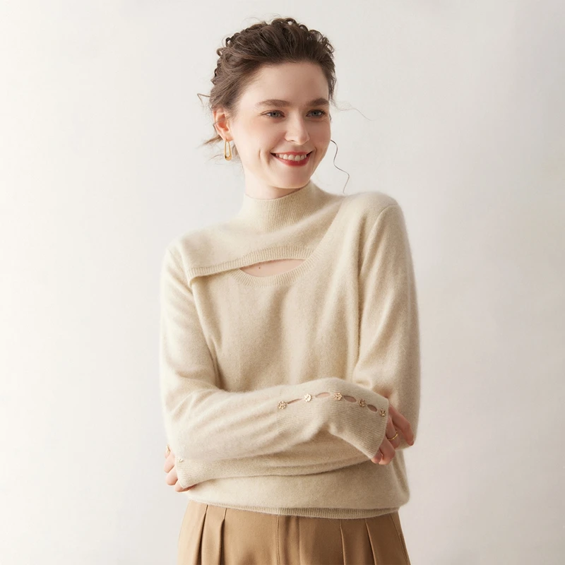 ANGEL Donna Autunno Inverno 100% Cashmere Pullover Maglione Mezza alta collo cavo Pullover Design con bottoni Cashmere New Chic Top