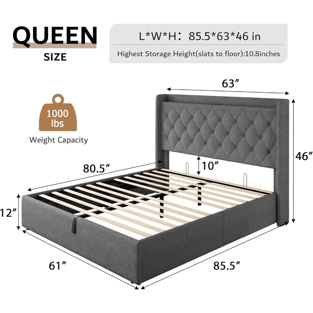 Cama Queen Size Frame com estação de carregamento, plataforma estofada, cabeceira adornada, armazenamento hidráulico