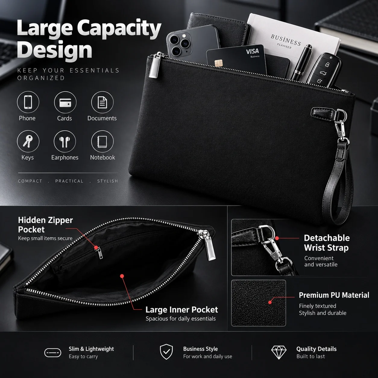 Herren-Clutch aus Kunstleder, große Handtasche mit Reißverschluss und abnehmbarem Trageriemen, geeignet für Geschäftsreisen, zum Aufbewahren von Telefon und Dokumenten. – Detail 2