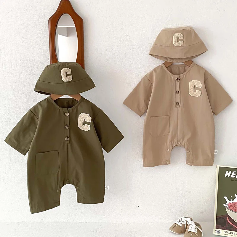 

2Pcs Baby Jumpsuit Hat Set Autumn Workwear Toddler Outfit Suit Cotton Loose Casual Infant Romper Baby Boy Clothes Kids Onesie