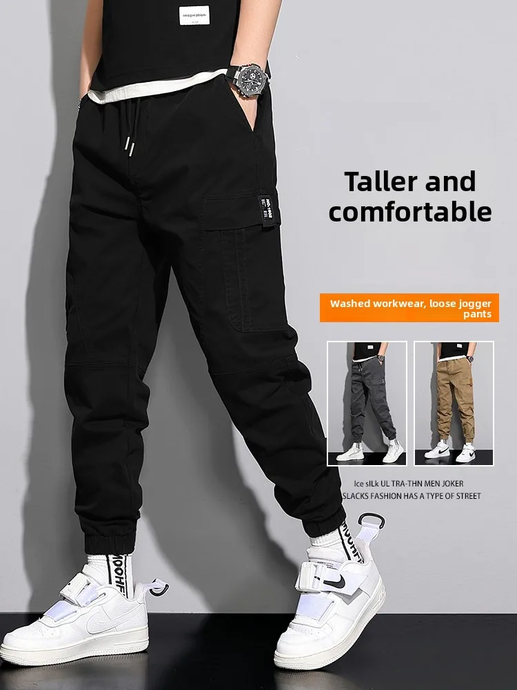 

Брюки для спецодежды с талией, мужские летние свободные функциональные модные брендовые облегающие брюки с манжетами в американском стиле, повседневные длинные брюки с девятью зубцами