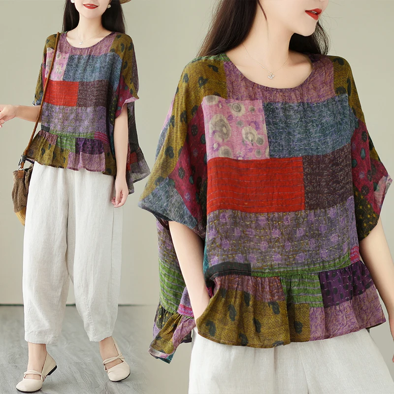 Lightweight Breathable Cotton Linen Doll irt T-irt Women Summer Loose Slimming Print Casual round Ne ort Sve Top