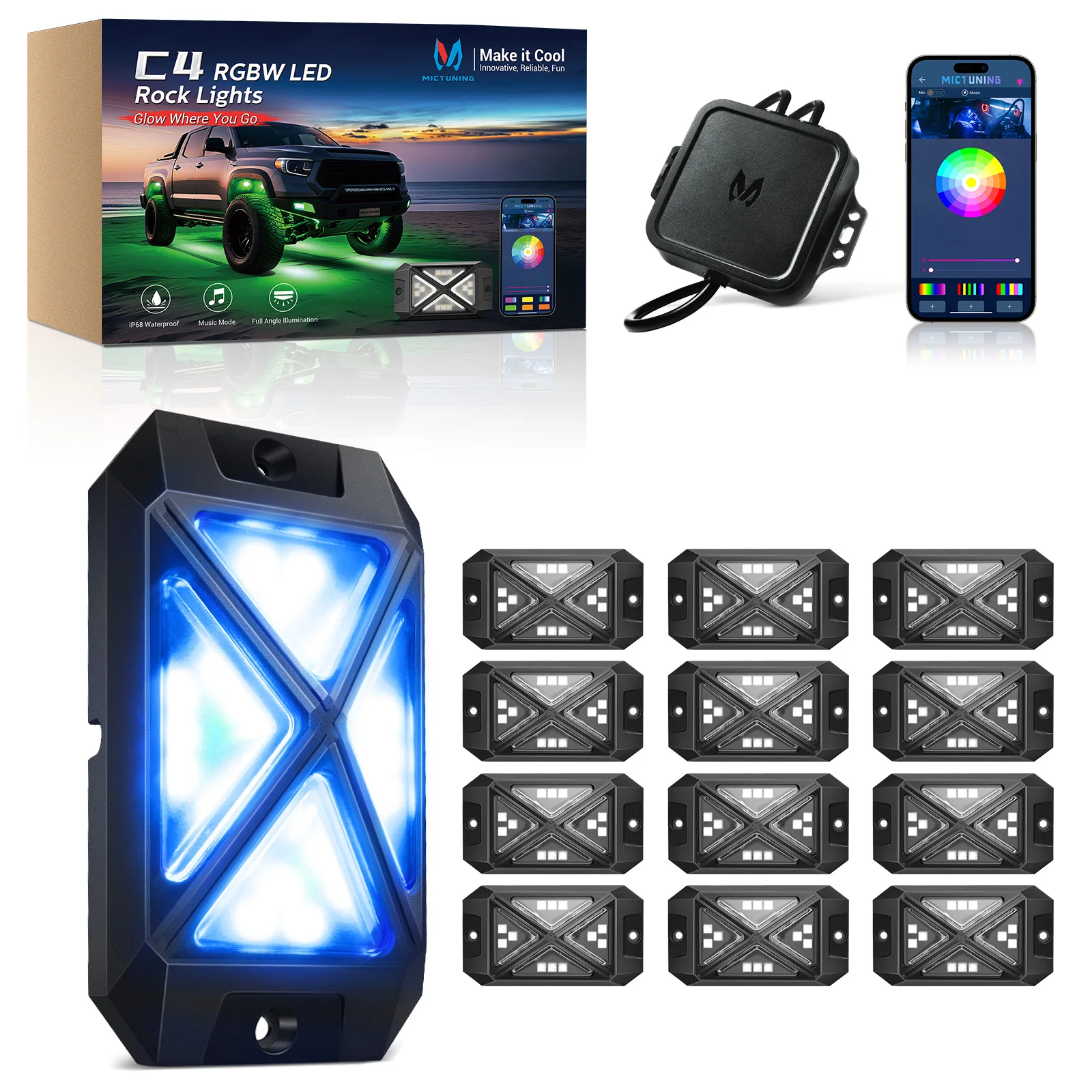 

MICTUNING C4 RGBW LED Rock Lights,12 Pods Underglow Neon Accent Lighting Kit, Smart App Control with Music Sync For Car Off-road