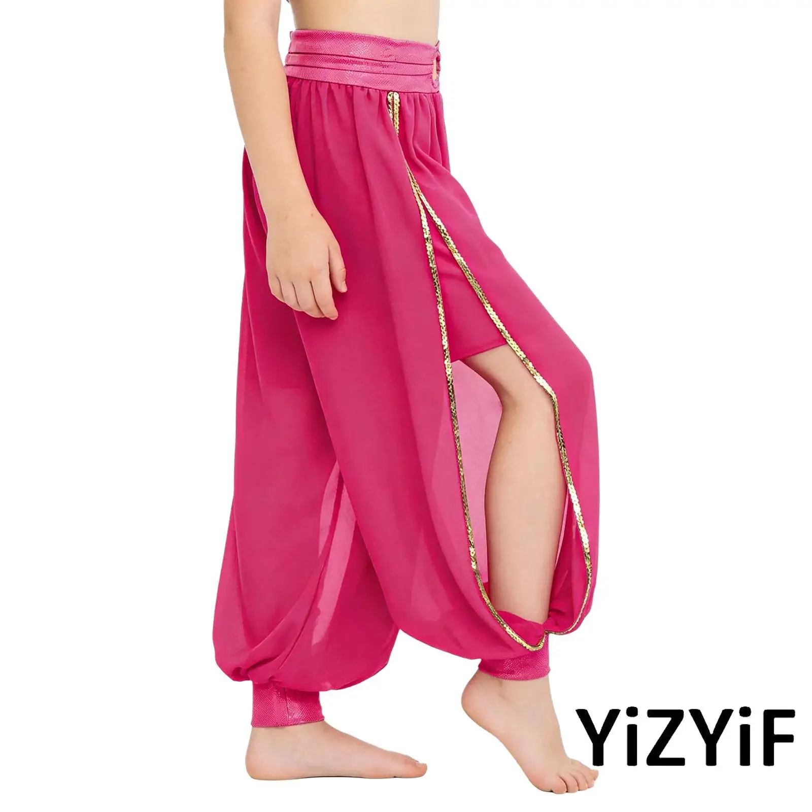 

Kids Girls Belly Dance Pants Bloomers Chiffon O-Ring Ruched Waistband Side Split Pants Indian Arabian Belly Dance Pants Outfit